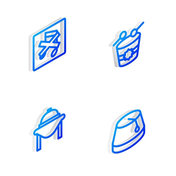 Definir Isométrica linha Ramadã tambor, Speaker mudo, comida de mesa e ícone chapéu turco. Vetor —  Vetores de Stock
