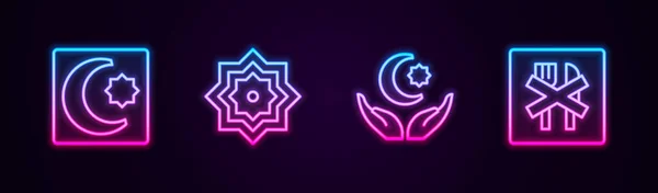 Stel lijn in Ster en halve maan, achthoekige ster en Ramadan vasten. Een gloeiend neon icoon. Vector — Stockvector