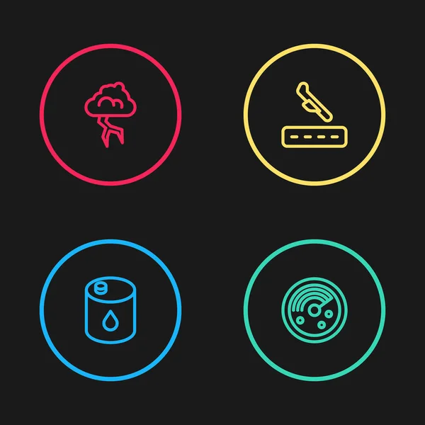 Ställ in linje Barrel olja, Radar med mål på monitor, Planlandning och Storm ikon. Vektor — Stock vektor
