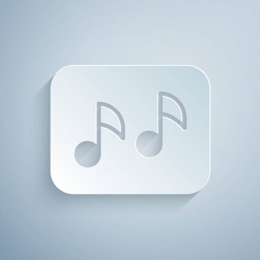 Kağıt kesiği Müzik notası, ton simgesi gri arkaplanda izole edilmiş. Kağıt sanatı tarzı. Vektör