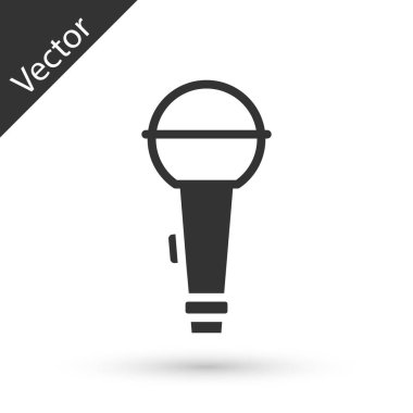 Beyaz arka planda gri mikrofon simgesi izole edildi. Radyodaki mikrofondan. Sözcü işareti. Vektör