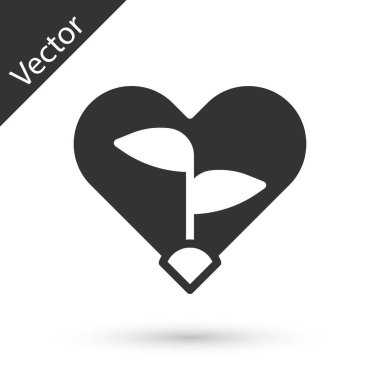 Çevre koruma ikonunun kalbindeki gri yaprak beyaz arka planda izole edildi. Tohum ve tohum. Fidan dikiyorum. Ekoloji konsepti. Vektör