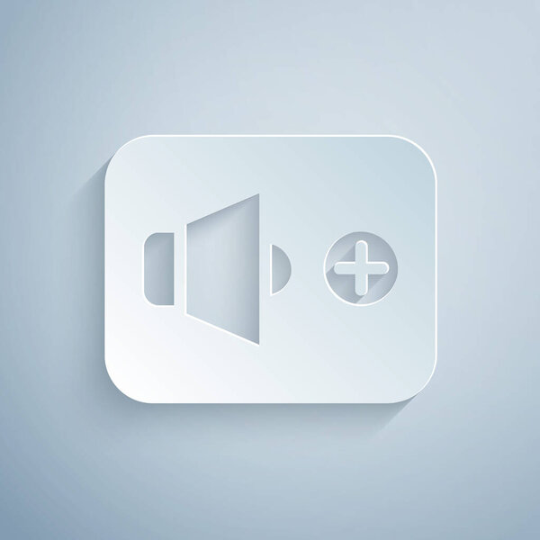 Paper cut Speaker volume, audio voice sound symbol, media music icon isolated on grey background. Paper art style. Vector