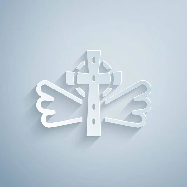紙はキリスト教の十字架のアイコンを灰色の背景に孤立させた 教会の十字架 紙のアートスタイル ベクトル — ストックベクタ