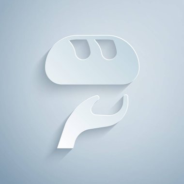 Kağıt kesiği bağış yiyecek ikonu gri arka planda izole edilmiş. Kağıt sanatı tarzı. Vektör