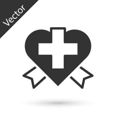 Beyaz arka planda izole edilmiş bir haç simgesi olan Gri Kalp. İlk yardım. Sağlık, tıbbi ve eczane işaretleri. Vektör