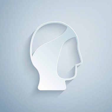 Kağıt kesiği kaput simgesi gri arkaplanda izole edildi. Zıpkınla balık avlama şapkası. Su altı ekipmanları. Kağıt sanatı tarzı. Vektör