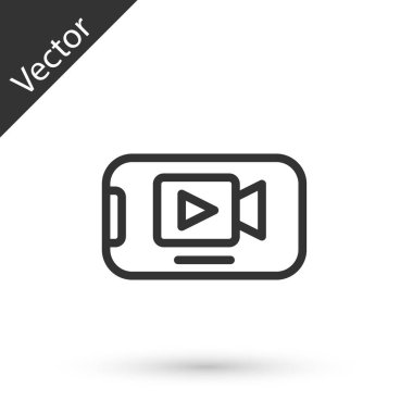 Gri çizgi Online video oynatma simgesi beyaz arkaplanda izole edildi. Akıllı telefon ve üzerinde oyun işareti olan film şeridi. Vektör