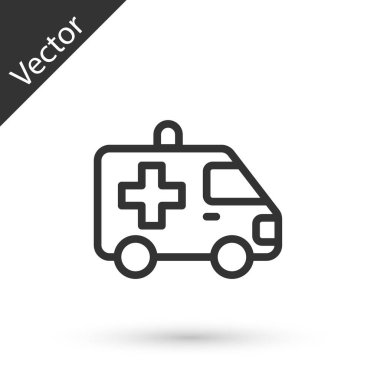 Gri hat ambulans ve acil durum arabası ikonu beyaz arka planda izole edildi. Ambulans aracı tıbbi tahliye. Vektör