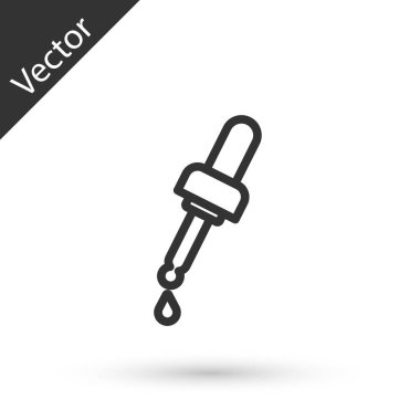 Beyaz arka planda, yağ ikonlu gri çizgi Pipette. Organik aromaterapi özü. Cilt bakımı serumu cam bırakma paketi. Vektör