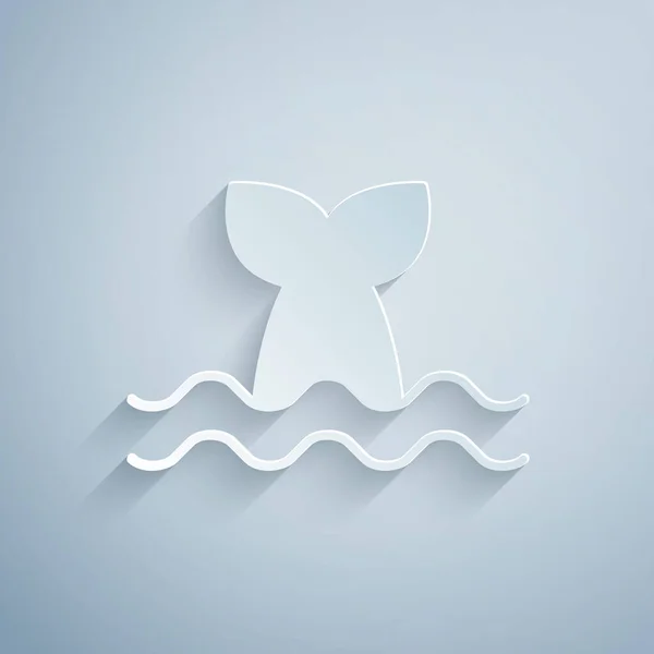 Paper Cut Whale Tail Ocean Wave Icon Isolated Grey Background — Stock Vector