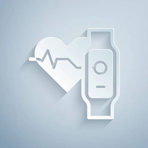 Papiergeschnittene Smartwatch Die Das Herzfrequenzsymbol Isoliert Auf Grauem Hintergrund Zeigt — Stockvektor