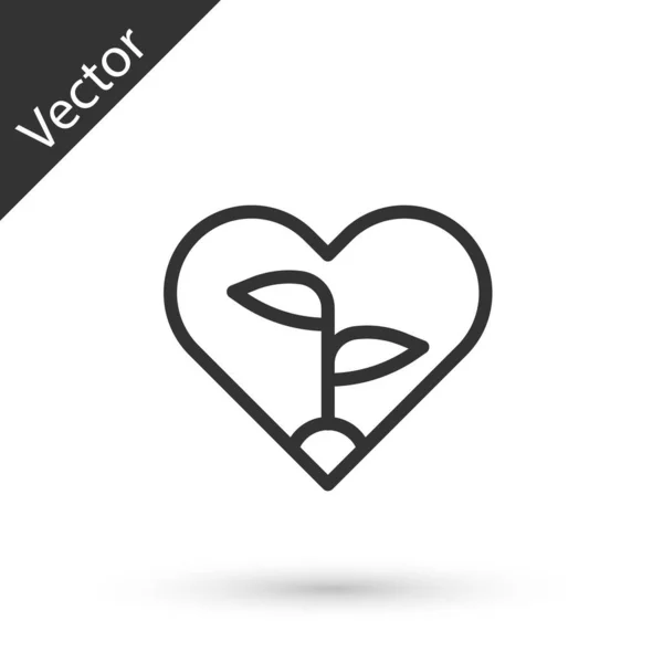 Línea Gris Hoja Corazón Del Icono Protección Del Medio Ambiente — Vector de stock