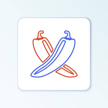 Beyaz arka planda izole edilmiş kırmızı biber ikonu çizgisi kesişmiş. Market, mutfak ürünleri, baharat ve baharat paketi için tasarım. Renkli taslak konsepti. Vektör