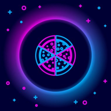 Parlayan neon hattı pizza simgesi siyah arkaplanda izole edildi. Renkli taslak konsepti. Vektör