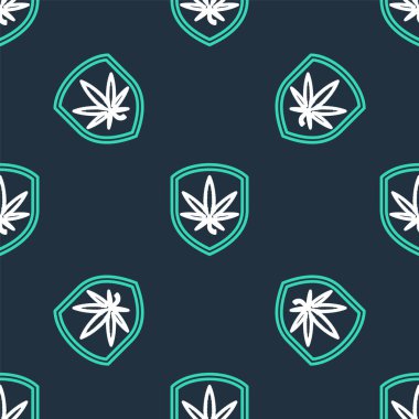 Çizgi kalkanı ve marihuana ya da kenevir yaprağı ikonu siyah arka planda izole edilmiş. Marihuanayı yasallaştırma. Kenevir sembolü. Vektör