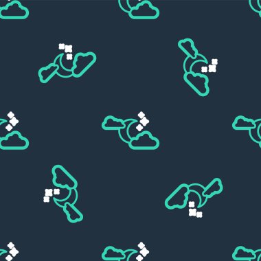 Aylı ve yıldızlı çizgi bulutu simgesi siyah arkaplanda izole edilmiş kusursuz desen. Bulutlu gece işareti. Uyku rüyalarının sembolü. Gece ya da yatak zamanı tabelası. Vektör