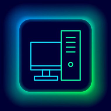 Parlayan neon hattı bilgisayar monitörü simgesi siyah arkaplanda izole edildi. Bilgisayar bileşeni işareti. Renkli taslak konsepti. Vektör