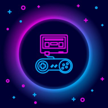 Siyah arkaplanda izole edilmiş joystick simgesiyle parlayan neon hattı video oyun konsolu. Renkli taslak konsepti. Vektör