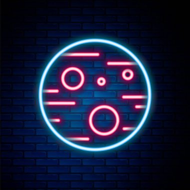 Işıldayan neon hattı Mars gezegeni ikonu tuğla duvar arkasında izole edildi. Renkli taslak konsepti. Vektör