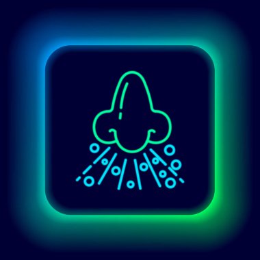 Parlak neon hattı akan burun simgesi siyah arkaplanda izole edildi. Rhinitis semptomları, tedavi. Burun ve hapşırma. Burun hastalıkları. Renkli taslak konsepti. Vektör