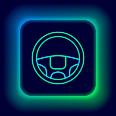 Parlayan neon çizgisi direksiyon simgesi siyah arkaplanda izole edildi. Araba tekeri ikonu. Renkli taslak konsepti. Vektör