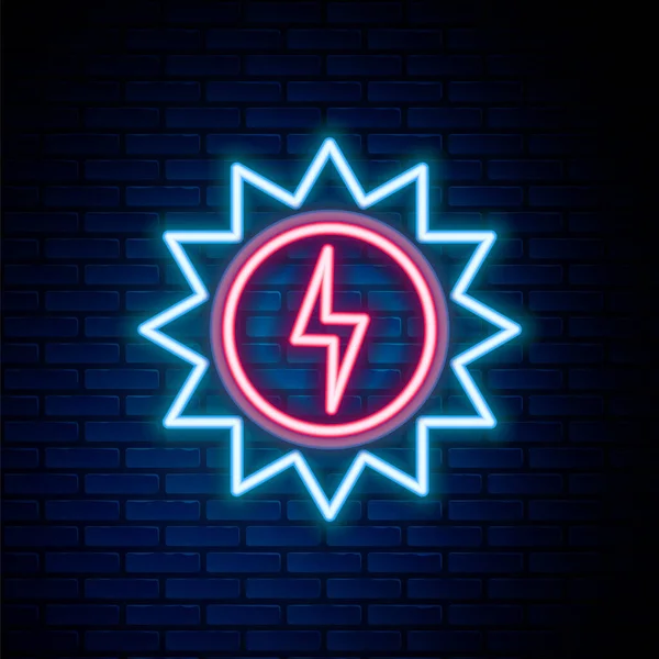 Parlayan neon hattı güneş enerjisi simgesi tuğla duvar arka planında izole edildi. Yıldırım sembollü güneş. Renkli taslak konsepti. Vektör