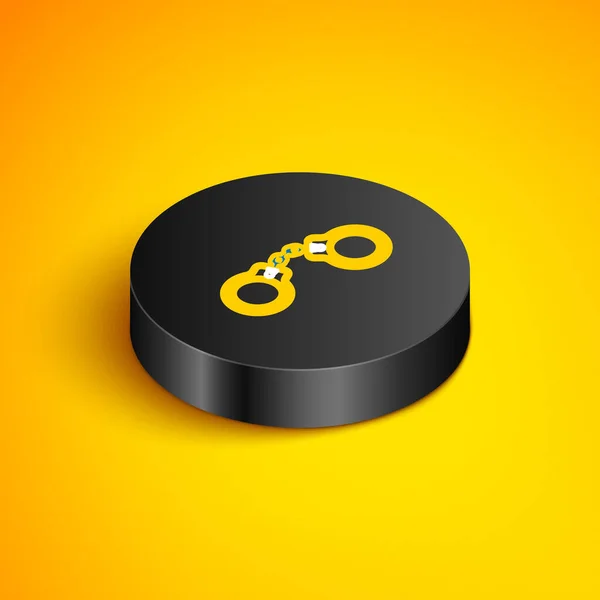 Ισομετρική Γραμμή Χειροπέδες Εικονίδιο Απομονώνονται Κίτρινο Φόντο Μαύρο Κουμπί Κύκλου — Διανυσματικό Αρχείο