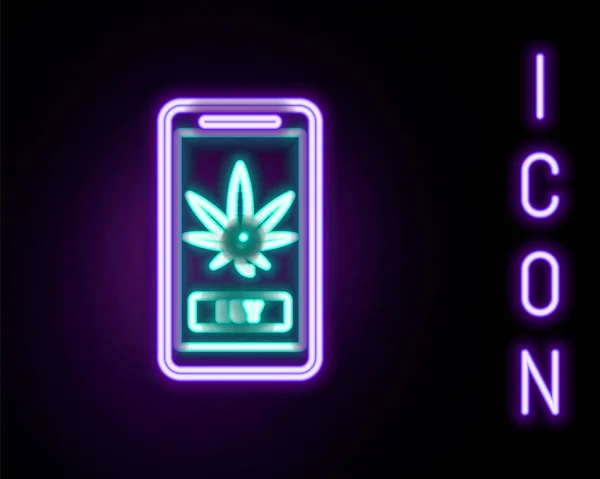 Parlak Neon Hattı Cep Telefonu Tıbbi Marihuana Veya Kenevir Yaprağı — Stok Vektör