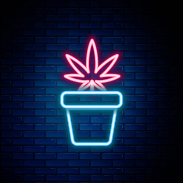Ligne Lumineuse Néon Marijuana Médicale Plante Cannabis Pot Icône Isolée — Image vectorielle