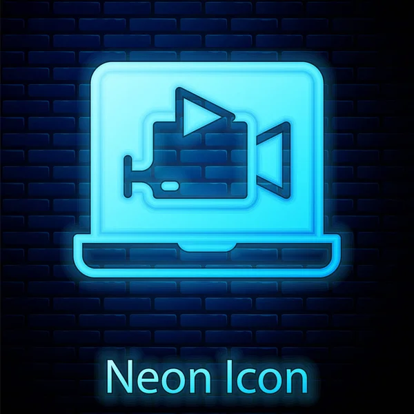 Brilhante Neon Online Jogar Ícone Vídeo Isolado Fundo Parede Tijolo — Vetor de Stock