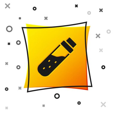 Beyaz zemin üzerinde iksir ikonu olan siyah şişe. Sihirli iksirli matara. Mutlu Cadılar Bayramı Partisi. Sarı kare düğme. Vektör