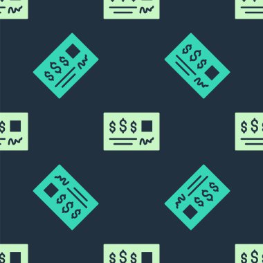 Banka kontrolü ve kalem simgesinin yeşil ve bej boş şablonu mavi arka planda izole edilmiş. Doldurulacak boş alanlarla birlikte kontrol defteri çek sayfası. Vektör