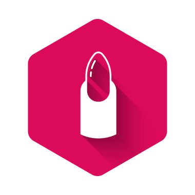 Beyaz Tırnak manikür ikonu uzun gölge arkaplanlı izole edilmiş. Pembe altıgen düğmesi. Vektör