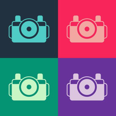 Dalış simgesi için Pop Art Photo kamera renk arkaplanında izole edildi. Fotoğraf makinesi simgesi. Su altı ekipmanları. Vektör