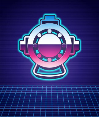 Retro stili Aqualung simgesi fütüristik manzara arka planını izole etti. Dalış kaskı. Su altı ekipmanları. 80 'lerin moda partisi. Vektör