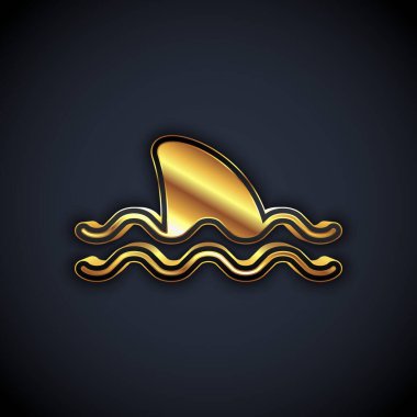 Okyanus dalgası ikonundaki altın köpekbalığı yüzgeci siyah arkaplanda izole edilmiş. Vektör