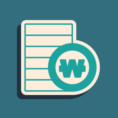 Yeşil Güney Kore, yeşil arka planda izole edilmiş madeni para ikonu kazandı. Güney Kore para birimi işi, ödeme ve finans. Uzun gölge tarzı. Vektör