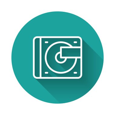 Uzun gölge arkaplan izole edilmiş vinil disk simgesine sahip beyaz çizgi Vinil oynatıcı. Yeşil daire düğmesi. Vektör