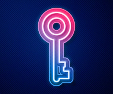 Parlayan neon hattı Mavi arkaplanda eski anahtar simgesi izole edildi. Vektör