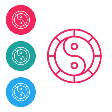 Kırmızı çizgi Yin Yang beyaz arkaplanda izole edilmiş uyum ve denge simgesi. Simgeleri daire düğmelerine ayır. Vektör