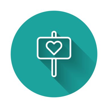 Beyaz çizgi barış simgesi uzun gölge arkaplan izole. Hippi barış sembolü. Yeşil daire düğmesi. Vektör