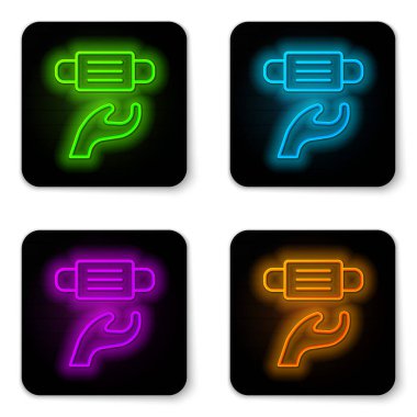 Parlayan neon hattı tıbbi koruyucu maske simgesi beyaz arka planda izole edildi. Siyah kare düğme. Vektör