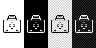 İlk yardım çantası simgesini siyah beyaz, şeffaf arkaplanda ayır. Haçlı sağlık kutusu. Acil durumlar için tıbbi ekipman. Sağlık sigortası konsepti. Vektör