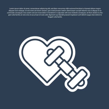 Mavi çizgi Dumbbell, mavi arka planda kalp ikonu var. Kas kaldırma, fitness halteri, spor malzemeleri. Vektör