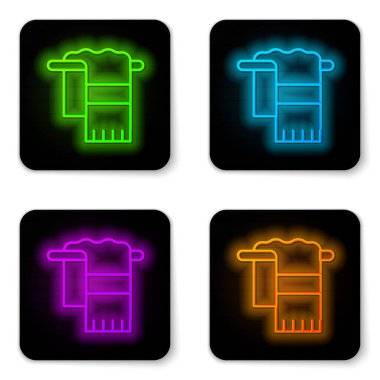 Askı simgesinde parlayan neon çizgisi havlusu beyaz arkaplanda izole edildi. Banyo havlusu ikonu. Siyah kare düğme. Vektör