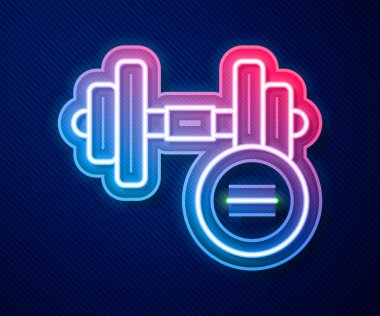 Parlayan neon hattı Dumbbell simgesi mavi arkaplanda izole edildi. Kas kaldırma, fitness halteri, spor malzemeleri. Vektör