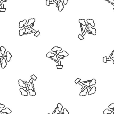 Gri çizgi Japon bonsai ağacı ikonu beyaz arka planda izole edilmiş pürüzsüz desen. Japon kültürü, bahçıvanlık, yaşlılık hobisi. Vektör