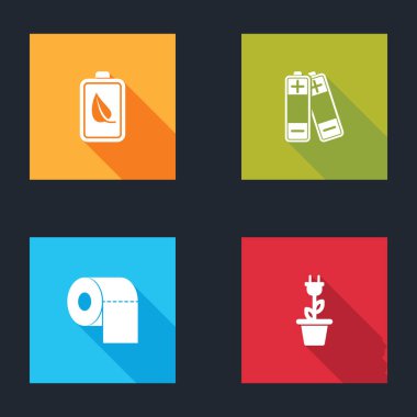 Eko doğa yaprağı, pil, pil, tuvalet kağıdı rulosu ve elektrik prizini kap ikonuna yerleştir. Vektör.