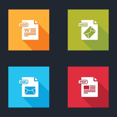 DOC dosya belgesini, MSG, EML ve PDF simgesini ayarla. Vektör.